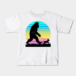 Big Foot walking a Dog Gradient Sunset Kids T-Shirt